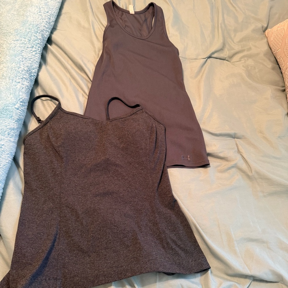 Under Armour Charcoal and Slate Tank Tops . Listening includes both tanks. (2)